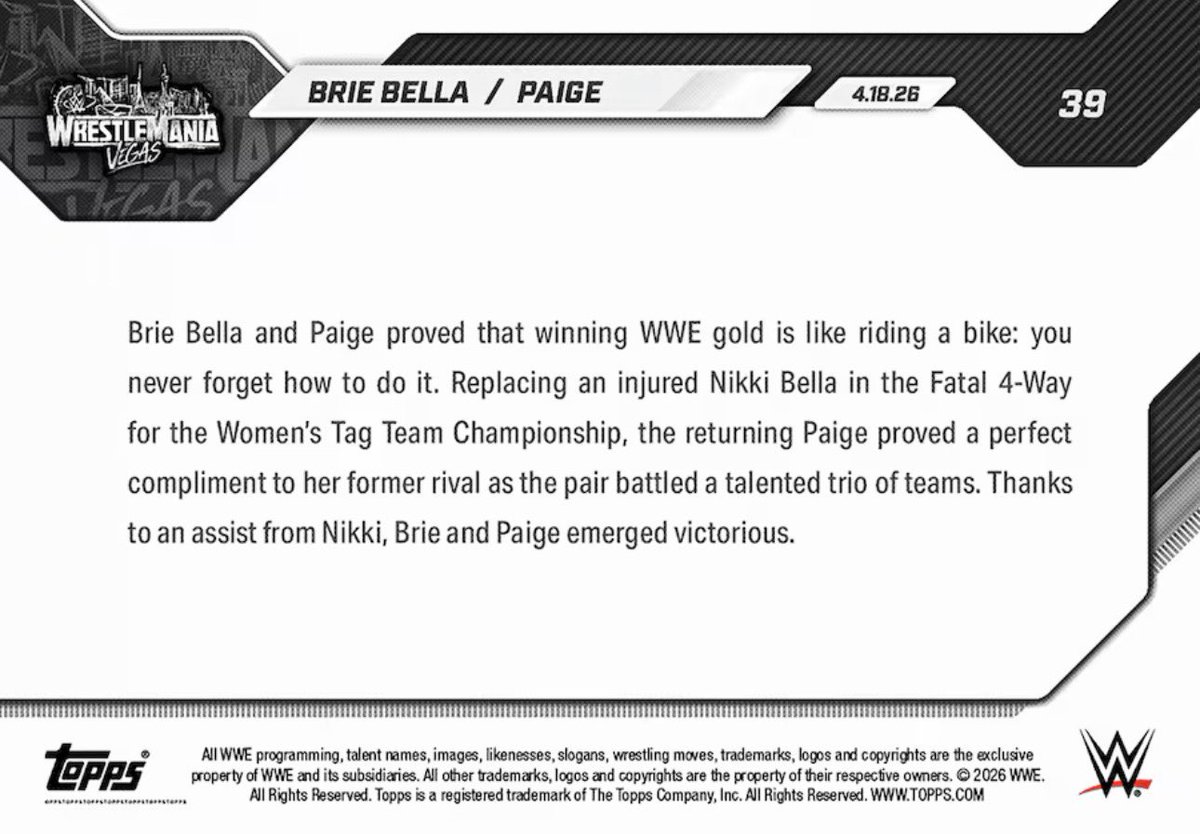 bellasforgold's tweet photo. Available now this limited edition topps card celebrating Brie Bella and Paige’s victory Saturday night.  Available now on https://t.co/JdtPNWH4Pm 🥰❤️ #bellaarmy #briemode #fearlessnikki #paige #wrestlemania https://t.co/NonM2z3iHR