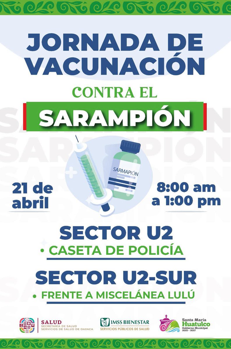 Imagen_Oax's tweet image. 💉🛡️ Continúa la Jornada de Vacunación contra el Sarampión

El Huatulco Gobierno Municipal, a través de la Dirección de Salud en coordinación con la Secretaría de Salud e #IMSS Bienestar, invita a la ciudadanía a participar en la Jornada de Vacunación contra el Sarampión, con el