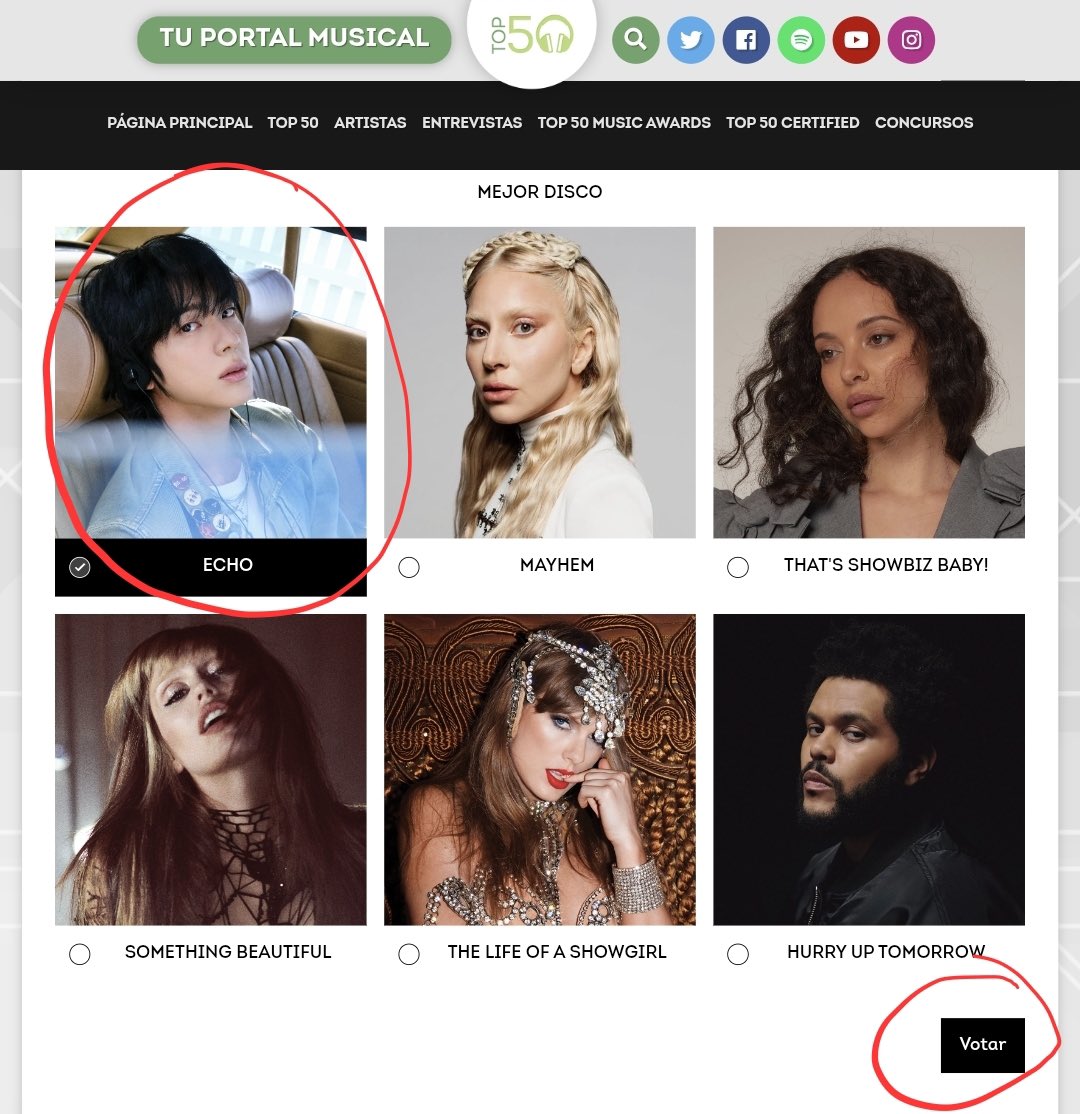 🏆 TOP 50 MUSIC AWARDS 2026

🔹 Categorías:
Mejor canción 
Mejor disco
Mejor Artista 
Mejor Artista kpop
Mejores fans 

🗳️ VOTA AQUÍ:
top50oficial.com/votar/

📌 ¿Cómo votar?
1. Entra al link
2. Busca las categoría donde esta nominado Jin
3. Selecciona a Jin
4. Da click en votar