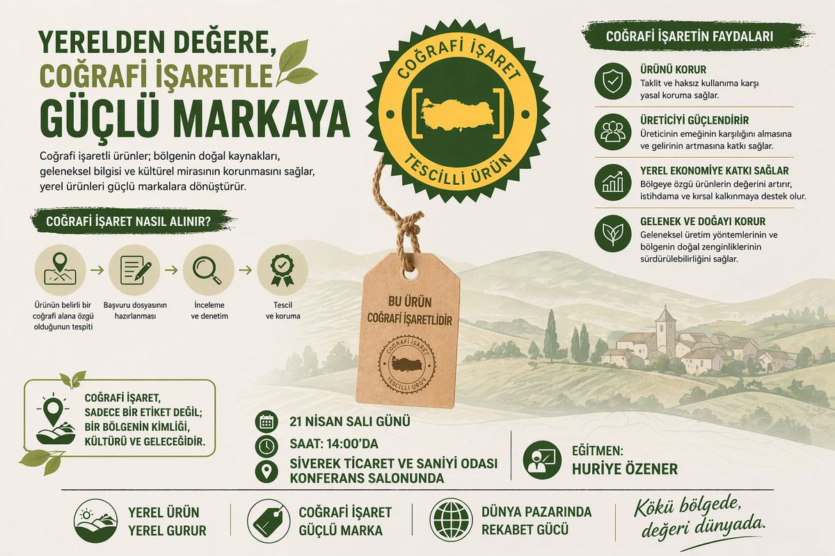 siverek_tso's tweet photo. YEREL ÜRÜNLERiN MARKALAŞMASINDA
Coğrafi işaretli ÜRÜNLER Eğitimi 
21 Nisan Salı
Saat: 14:00
Siverek Ticaret ve Sanayi Odası Konferans Salonu
Eğitmen: Huriye ÖZENER https://t.co/EXyL7ceDOw
