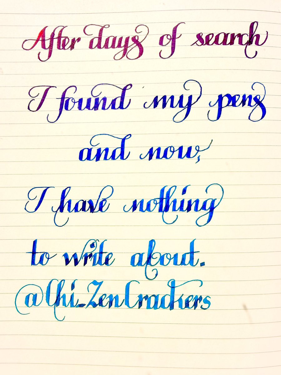 Chi_zencrackers's tweet image. Timelapse incoming! 
After days of search, I found my pens

and now, 

I have nothing to write about.
4.20.26

Check out that color gradient. 
Chefs kiss 👨‍🍳 
#calligraphy #funny #handlettering
