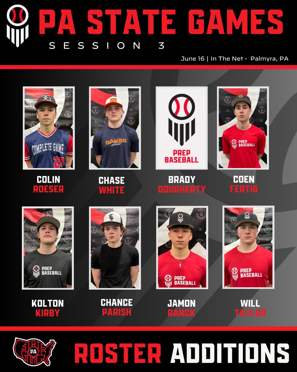 PrepBaseballPA's tweet photo. Please welcome the following players to our PA State Games - Session 3️⃣!

📅: June 16, 2026
📍: In The Net - Palmyra, PA
🙋‍♂️: 2027 - 2029 grads

Who's NEXT?!

Check📧For Tier 1 Invites❗

@colinroeser26 @chasewh15096717
@Bradydoc096252 @CoenFertig 
@Koltonkirby4 @jamonranck
@Will_Taylor2028