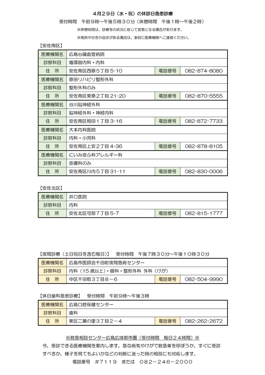 FMHAMSTAR's tweet photo. 4月26日(日)、29日(水・祝)の安佐南区・安佐北区の休診日急患診療一覧 https://t.co/sRITACTZpQ