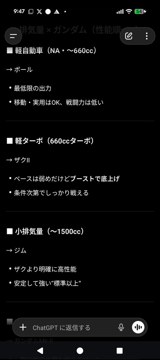 urutorazzt231's tweet photo. チャットGPTに排気量でガンダムに例えさせてみた https://t.co/IRcF3guD5c