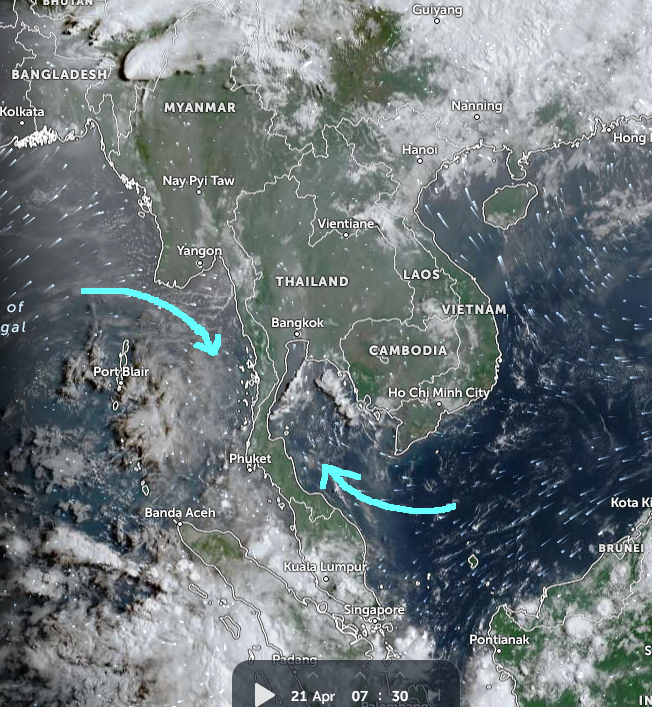 HelmutDuerrast's tweet image. 21 Apr 26 07:30 
Weather for #Thailand &amp;amp; region; via zoom.earth, weather map via TMD.go.th           

&amp;gt;#Monsoon Changing Season  
&amp;gt;High Pressure (H) further N=cooler WIND       
&amp;gt;Low Pressure Systems (L)&amp;lt;-&amp;gt;Hotter LAND now       &amp;gt;NW and SE WIND
