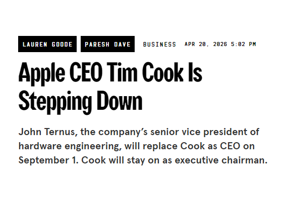 khyden999's tweet image. #BREAKING #Apple #iPhone

Tim Cook will be stepping down as CEO of Apple and will be replaced by John Ternus, the company’s senior vice president of hardware engineering.

This begins on September 1, as Cook will move and stay on as executive chairman.