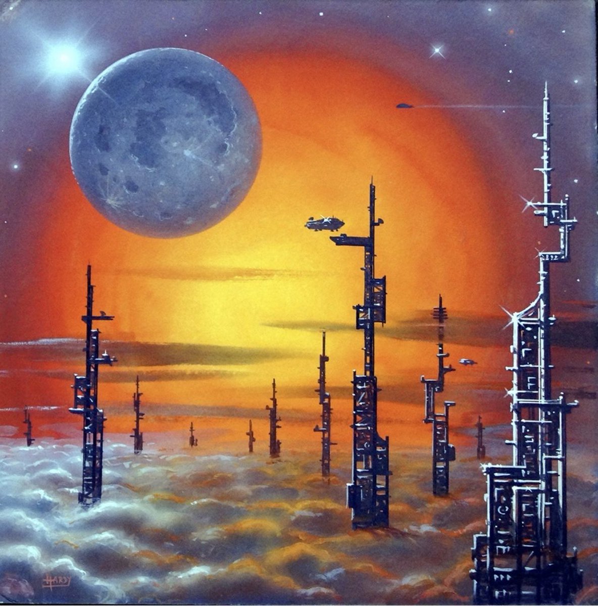 scifiblast's tweet image. Sky Towers by David Hardy #scifiart