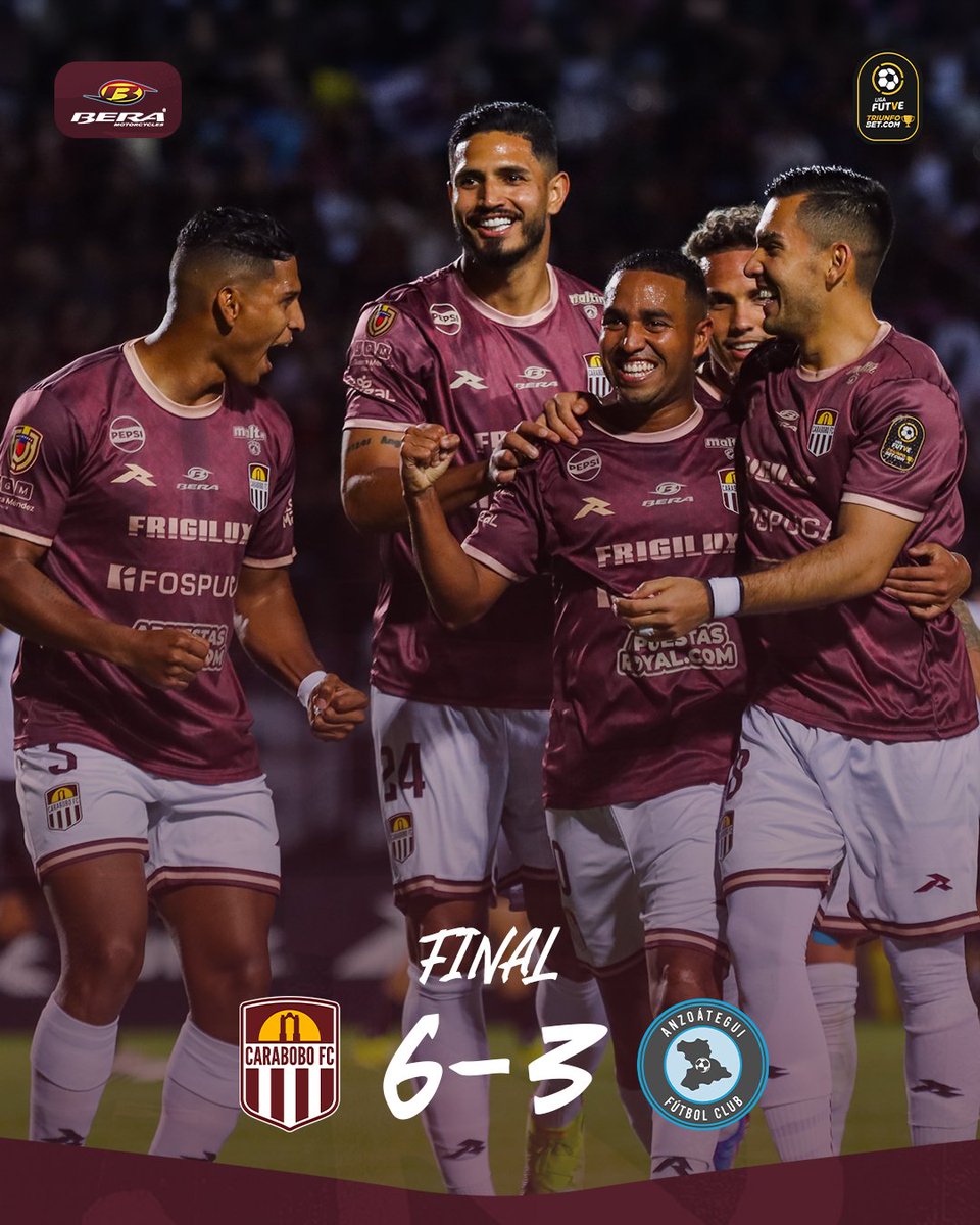 Carabobo_FC's tweet photo. ⏱️ 90+2’ | ¡FINAL! 𝙂𝘼𝙈𝙀, 𝙎𝙀𝙏 𝙔 𝙋𝘼𝙍𝙏𝙄𝘿𝙊 💪

#CaraboboFC 6-3 @Anzoategui_FC

Goles:
⚽ E. Castillo - 23'
⚽ E. Ramírez - 25'
😡 A. Velasco - 44'
⚽ Y. Orozco - 51'
⚽ JC Pérez - 56'
⚽ J. Berríos - 68'
⚽ M. Cova - 81'
😡 L. Pérez - 86'
😡 H. Plazas (P) - 90+1' https://t.co/J7GAOikvYo