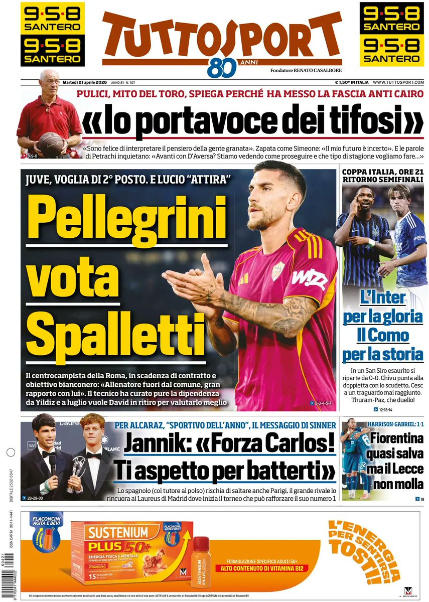 Pueblo_Juve's tweet image. 📰 Portada @tuttosport mañana

PELLEGRINI VOTA SPALLETTI

#Juventus, deseo del 2° puesto
Y Lucio atrae
El mediocampista de la Roma, con contrato por vencer y objetivo de la #Juve: "Entrenador poco común, gran relación con él"
El técnico también curo la dependencia a Yildiz y en