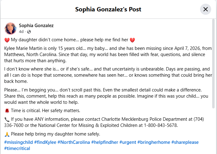 spicoli_75's tweet image. North Carolina teenage girl is MISSING.    

| Kylee Marie Martin |    15 yrs old  | Matthews NC

#Missing #MissingChild #MissingChildren #NCPOL