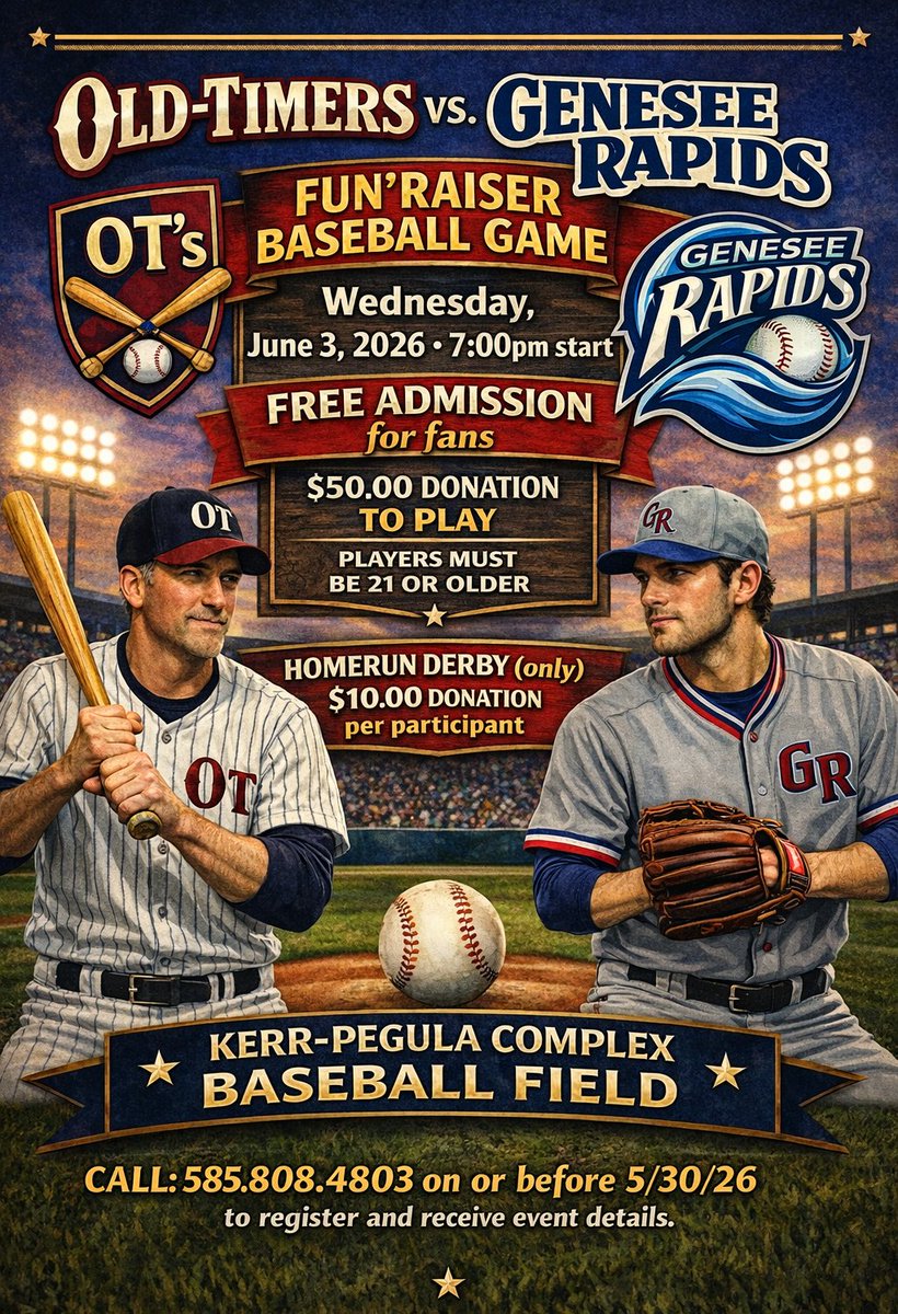 GeneseeRapids's tweet photo. Think you have what it takes to beat the 2026 Rapids?  Join us for our annual Old Timers Game to kick off the season.  Registration cost gets you a practice session, t-shirt, and pizza party after the game.  If interested, call the number on the flyer! https://t.co/seL7ZRo9AJ