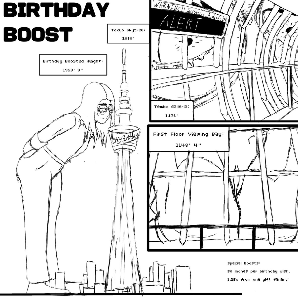 MicrobeQueen's tweet photo. BIRTHDAY BOOST: 

With each birthday wish of the eager tinies in the tower, I grew even bigger. They even had a gift for me! Though I couldn't really see it. The ones on the lower deck seemed quite happy, though..

#Sizetwitter #growthdrive #giantess https://t.co/iqw9p7QEaP