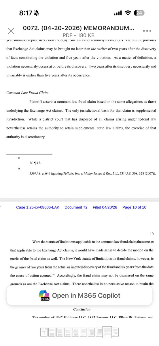 StrategicRisk1's tweet photo. $LBRA Here is the explanation from the judge. Securities fraud has a two year statute of limitations and common law fraud has 6 years.  We can refile in state courts. Going to sit on this for a few and will update when we make the decision. https://t.co/CVPD8bwbkQ
