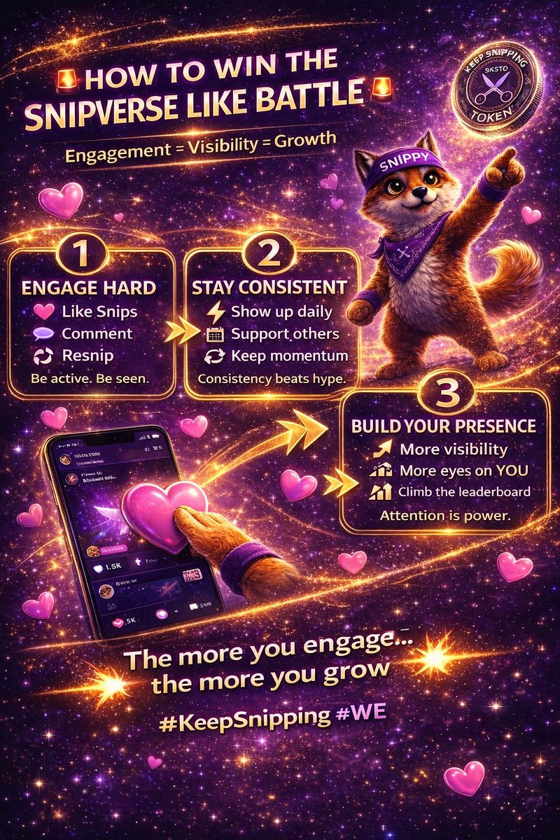 Keep_Snipping's tweet photo. Hey community! 👋⚛️

The KSTO Community is running a fun Snippy Like Contest on Snipverse! 🎉

Snipverse is a welcoming platform where people share short Snips, engage positively with others, and grow their presence. ✨

This is a great opportunity to participate, have fun, and compete for a rare Snippy NFT (only 333 will ever exist)! 🏆

Here’s how to win:

1. Engage Hard – Like Snips you enjoy, leave kind comments, and resnip ❤️  
2. Stay Consistent – Show up daily and support others 📅  
3. Build Your Presence – Gain more visibility and climb the leaderboard 📈  

The more you engage, the more you grow! It’s simple and rewarding! 🌟

The contest is still live with time remaining until Wednesday, April 22. ⏰

This is a perfect time to join Snipverse and get started!

Drop a 👀 below if you would like the link, or join the contest directly here:

https://t.co/qufIXGidnR

#KeepSnipping
