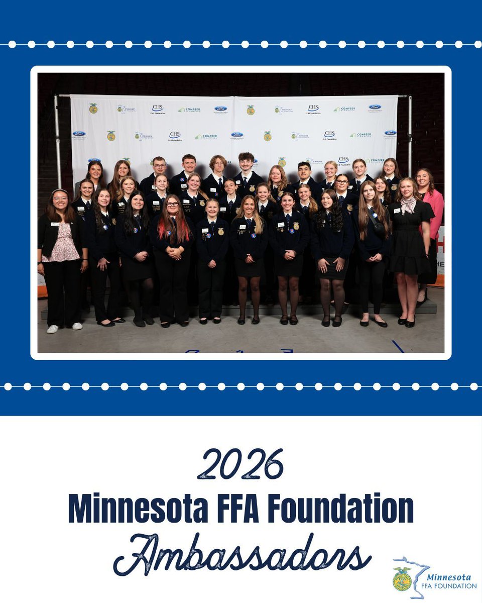 MNFFAFoundation's tweet photo. To the Minnesota FFA Foundation Ambassadors—you embody our mission every single day. Thank you for your unwavering dedication, your stories, and your belief in the power of agricultural education. We're grateful for you. 

#FFA #MNFFA26 https://t.co/RC0g6fhbi3