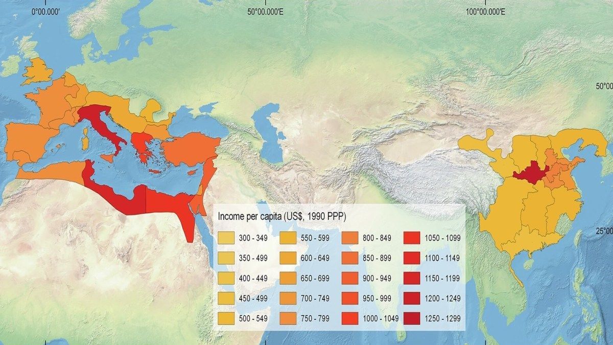 This map shows income per capita in the year 1300 (translated into US dollars, 1990 PPP) across Europe, the Middle East, North Africa, and Asia, with regions shaded by income brackets. Ancient China wasn’t the egalitarian society its sometimes made out to be. This research shows