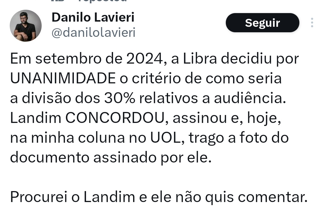 E o Lavieri? Vai assumir quando a cagada? Que escondeu parte do contrato?

Assunto Libra x Leila x Bap era pauta todo dia. O assunto acabou.

Eles controlam mesmo a narrativa.