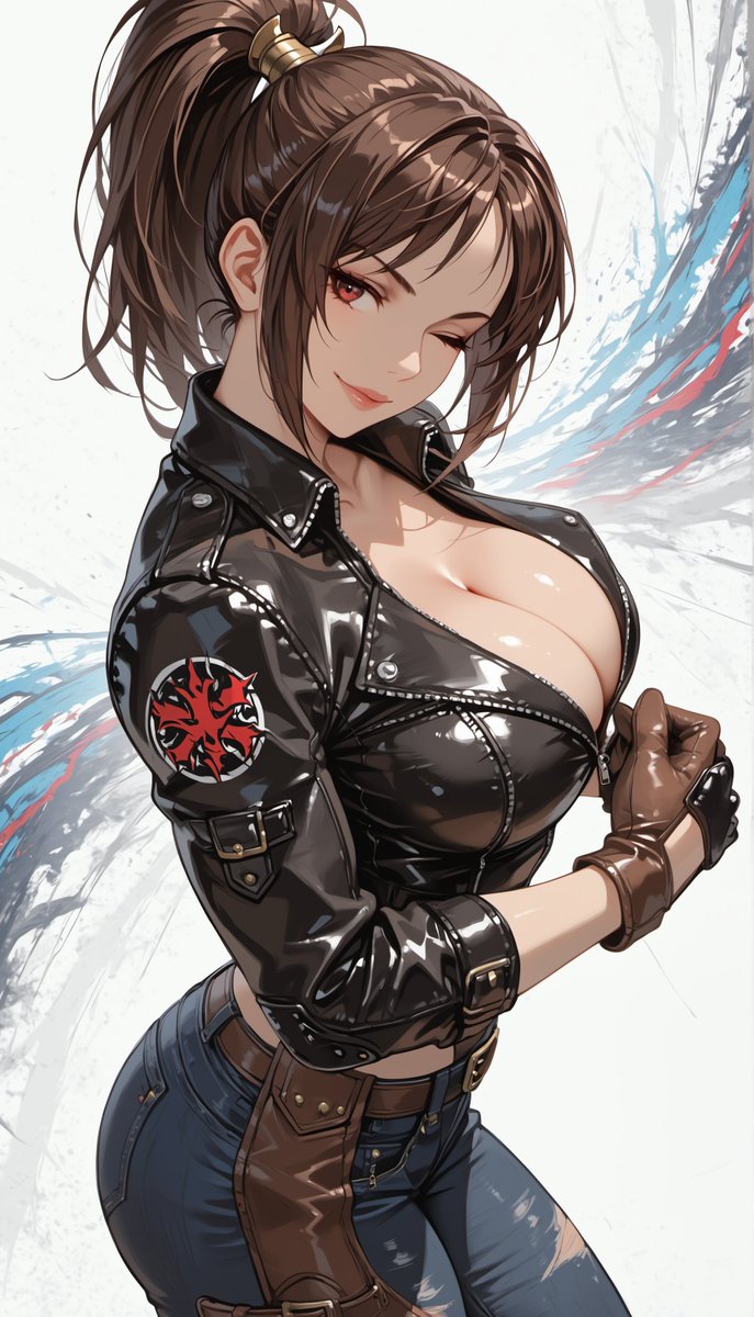 oneesan_aiart's tweet image. Mai Shiranui — revving up in a bold biker outfit, she blends fiery charm with street-ready attitude, turning every ride into a statement of power and style 🔥🏍️✨ #MaiShiranui #KingOfFighters #KOF