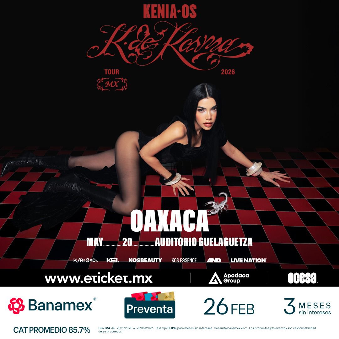 pixelperiodismo's tweet image. Kenia Os y su gira "K de Karma" llega a Oaxaca 🎤

📍 Auditorio Guelaguetza
🗓 20 de mayo 2026

#Oaxaca #Musica #Conciertos #KeniaOs