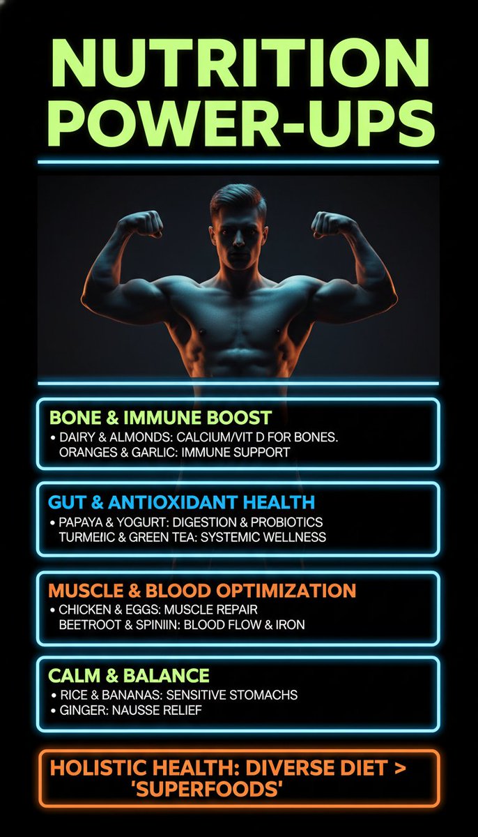 KaylerrisX's tweet image. Pair turmeric with pepper for better absorption. 🧂
Ginger is proven to soothe nausea. 🫚
Add Vitamin C to plant iron to aid absorption. 🍋
Focus on balance over health trends. ⚖️
Dietary diversity is the best long-term strategy. 🍎
2/2
#Wellness #Health #Science