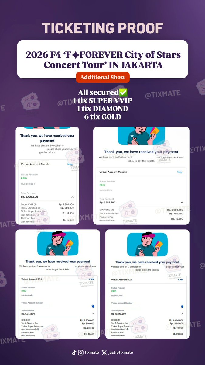 jastiptixmate's tweet image. [PROOF Jasa War / Jastip / Ticketing Service]  

2026 F4 ‘F✦FOREVER City of Stars Concert Tour’ IN JAKARTA
Additional Show

🔐All Secured
1 tix SUPER VVIP
1 tix DIAMOND
6 tix GOLD
9 tix SILVER

Thanks for your trust💕

#F4 #CityofStars #F4inJAKARTA #CityofStars_Jakarta #F4inJKT