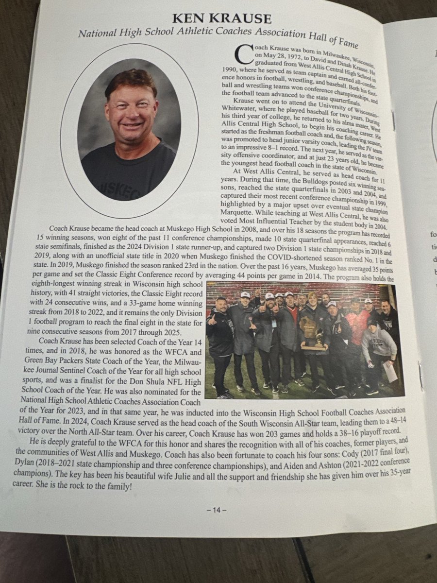 MuskegoHSFB's tweet photo. Over the weekend, we celebrated our own @CoachKrauseMHS at the @wifca Hall of Fame ceremony for his induction into the National High School Coaches Association Hall of Fame! Please congratulate coach and his amazing family! #FamilyWarriors https://t.co/9aI6JebVQ7