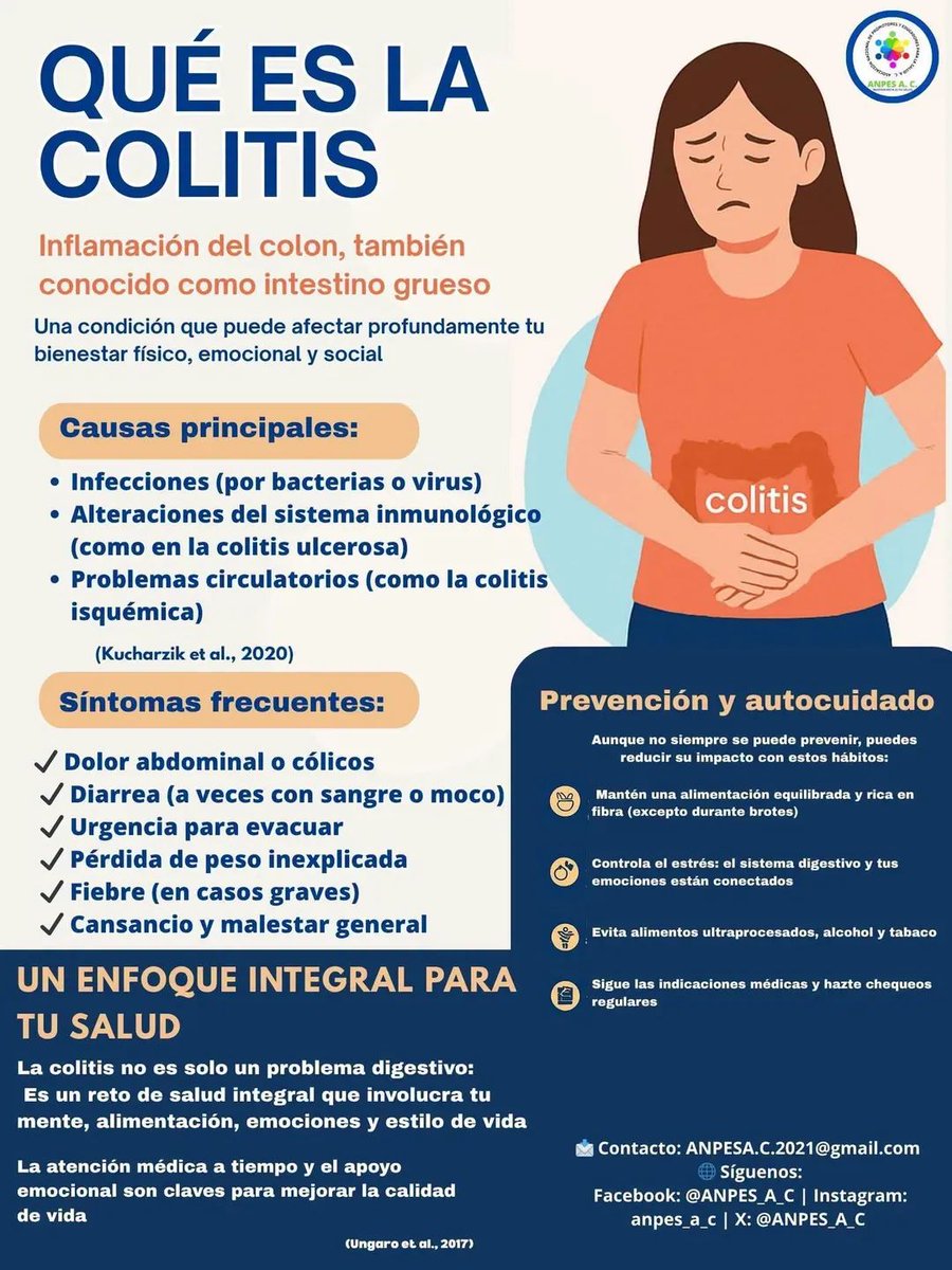 ANPES_A_C's tweet image. La colitis es una inflamación del colon, causada por infecciones, estrés extremo, problemas inmunológicos o circulación deficiente, no debe ignorarse (Kucharzik et al., 2020).

#ANPESAC
#Colitis 
#SaludDigestiva