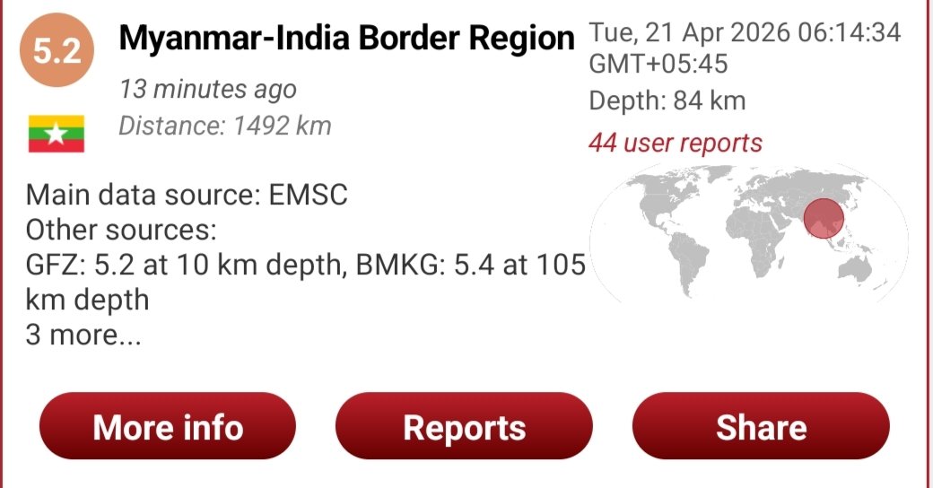 Kiranjoshi900's tweet image. #BREAKING 😱😱
Earthquake M 5.2 India Myanmar 〽️
JUST Now earthquake Hit India Myanmar border Region M 5.2 
My prediction successful👇️
‍#Earthquake (#भूकंप) M5.2  #Imphāl (#India) #earthquake #Manipur