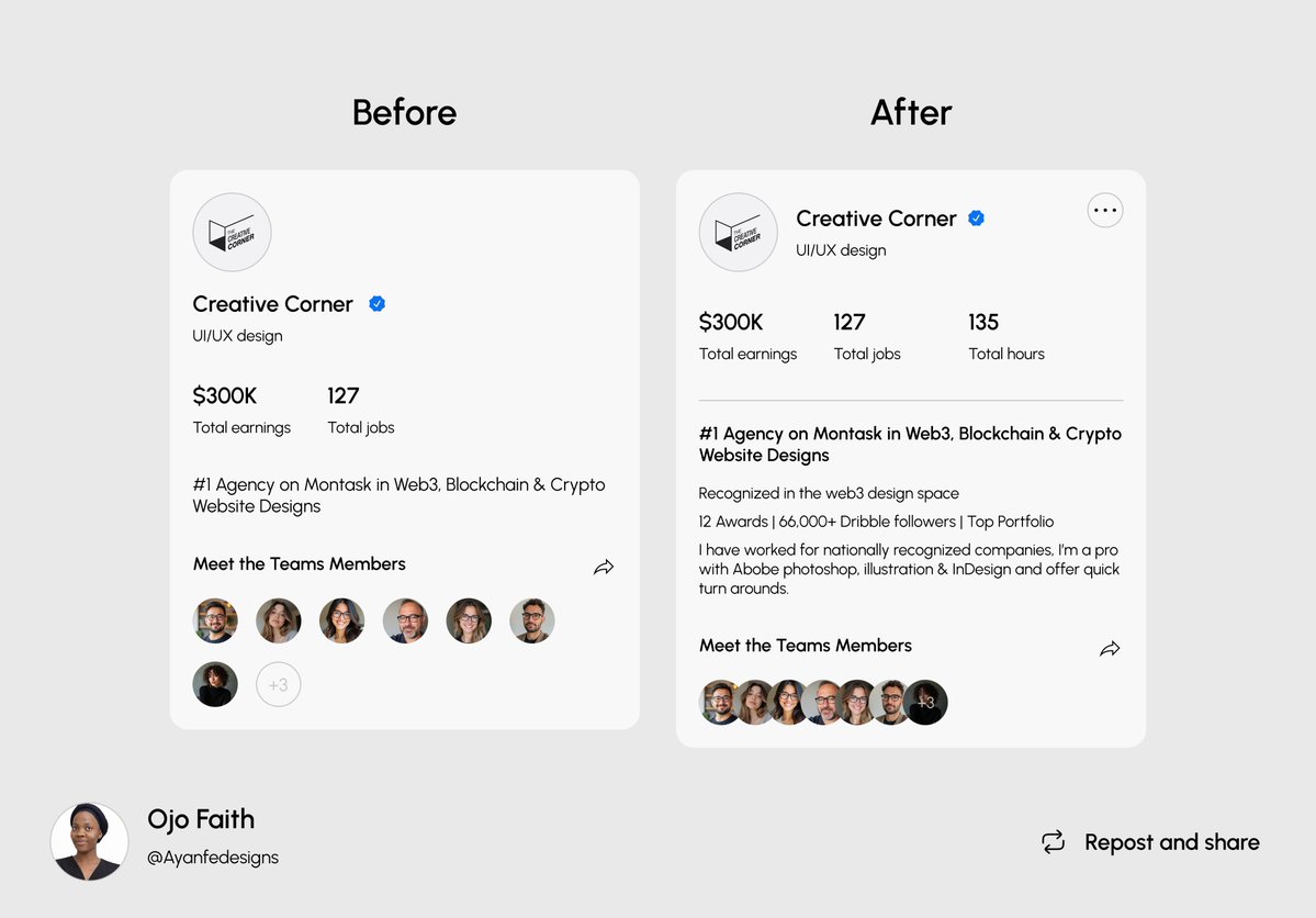 I redesigned a freelancer's profile page.
Same earnings, same jobs, same person but one version gets ignored, the other gets hired.

Bad UX doesn't just look bad, it costs your users real money.