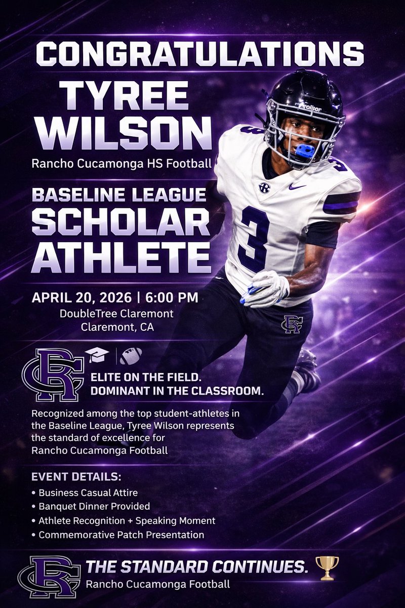 RCHSCougarsFB's tweet photo. Congratulations to @WilsonTyree3! Proud of you for handling your business on and off the field at high level💯
#WeAreRancho🖤💜 https://t.co/DZNYMRmDRL