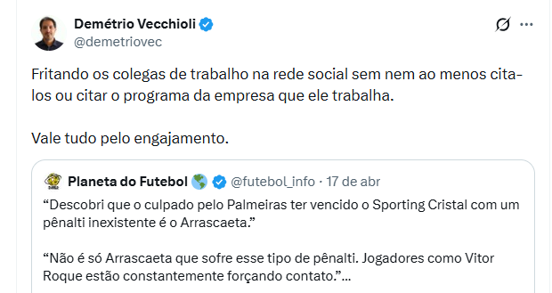 O curioso caso do "olhar olímpico", que é contra um clube formador em toda opinião sobre qualquer coisa que o envolva. Nunca em contrário.