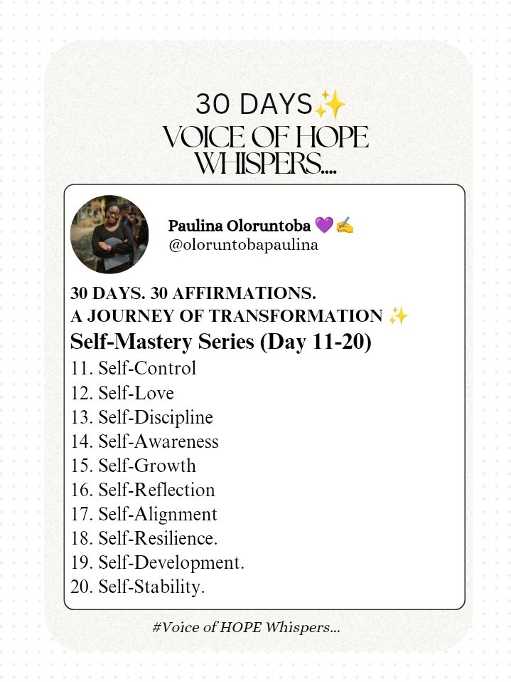 BelovethOP's tweet image. SELF MASTERY SERIES✍🏼✨.

10 days of discipline. 10 days of growth.

From SELF-CONTROL to SELF-STABILITY, we have become more aware, more disciplined, more aligned, and more resilient.

The journey continues...✍️🔥
20 days ✅ 
10 days to go!✍️

#SelfMastery 
#VoiceOfHope