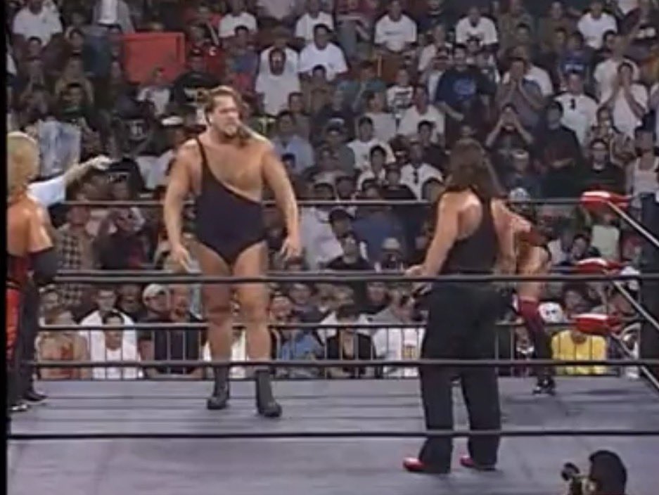 DustinBeard88's tweet photo. @TravisEL1938 @WrestlingCovers @bridgeportbred @HaroldPimpaka @Fash_WwM Never forget they made a nearly 40 year old Sting drop the tag belts in some black JNCOs with a tucked in NWO tank top… https://t.co/emBjcEHNzA