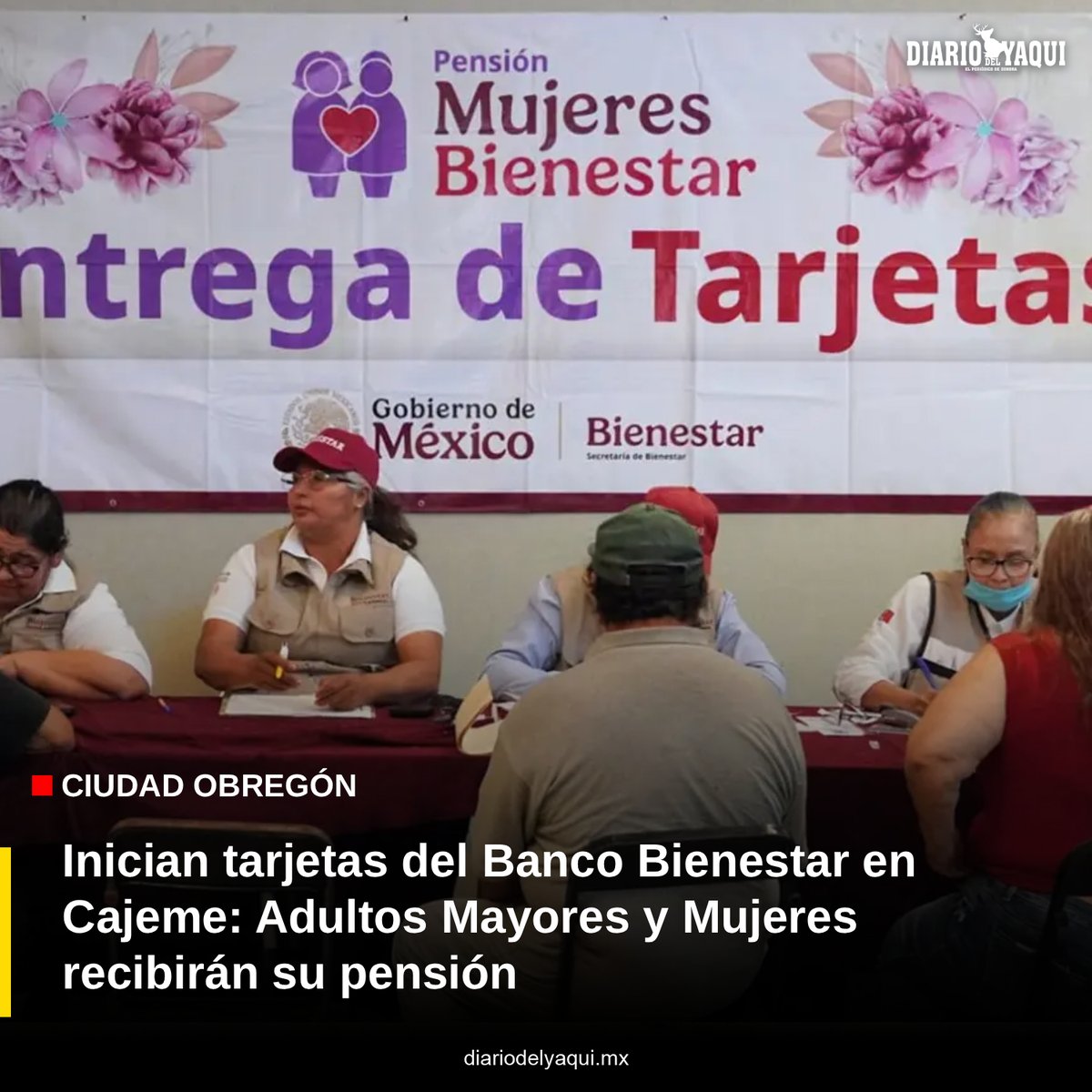 Por encima de mil 100 tarjetas del Banco Bienestar de los programas Pensión para el Bienestar del Adulto Mayor y Pensión Mujeres Bienestar se entregarán esta semana a beneficiarios de la región de Cajeme.

El operativo arrancó este lunes y continuará hasta el próximo sábado 25 de