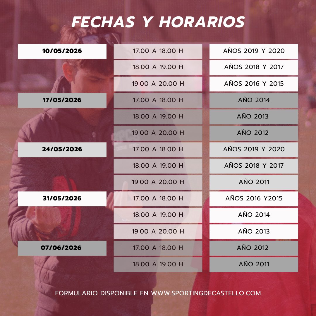 ⚽ ¡Arrancan los partidos de captación en el Sporting de Castelló! ⚽

📅 Las jornadas se celebrarán durante cuatro domingos del mes de mayo 
📍 En las instalaciones deportivas de Gran Vía 

📝 Inscripción obligatoria en forms.zohopublic.eu/sportingdecast…