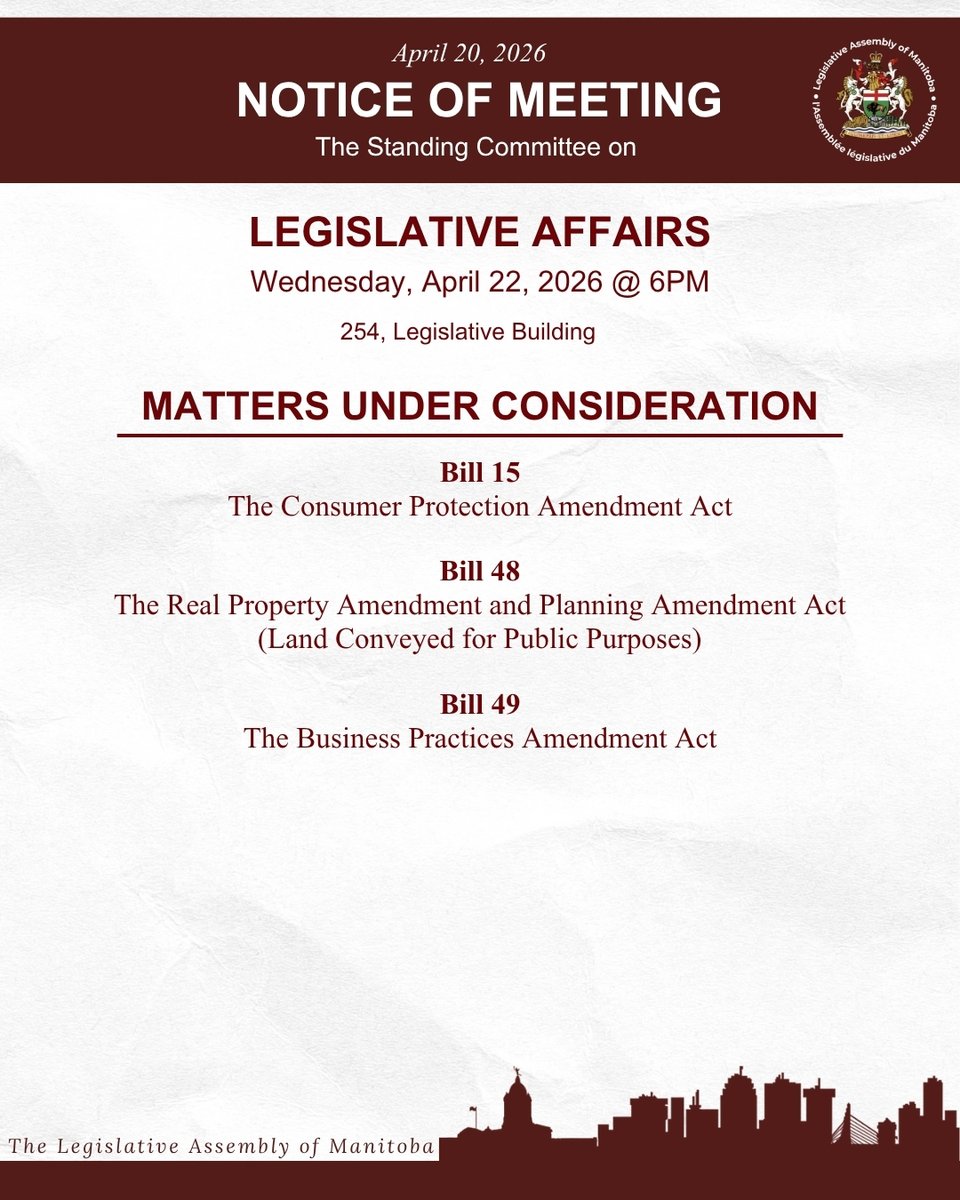 MBLegislature's tweet image. Live @ 6:00pm – Wednesday, April 22, 2026
Standing Committees on Social and Economic Development - 255
&amp;amp;
Standing Committees on Legislative Affairs - Room 254
📺 Watch the broadcast:
gov.mb.ca/legislature/co…
#Manitoba #LegMB #broadcast #Live