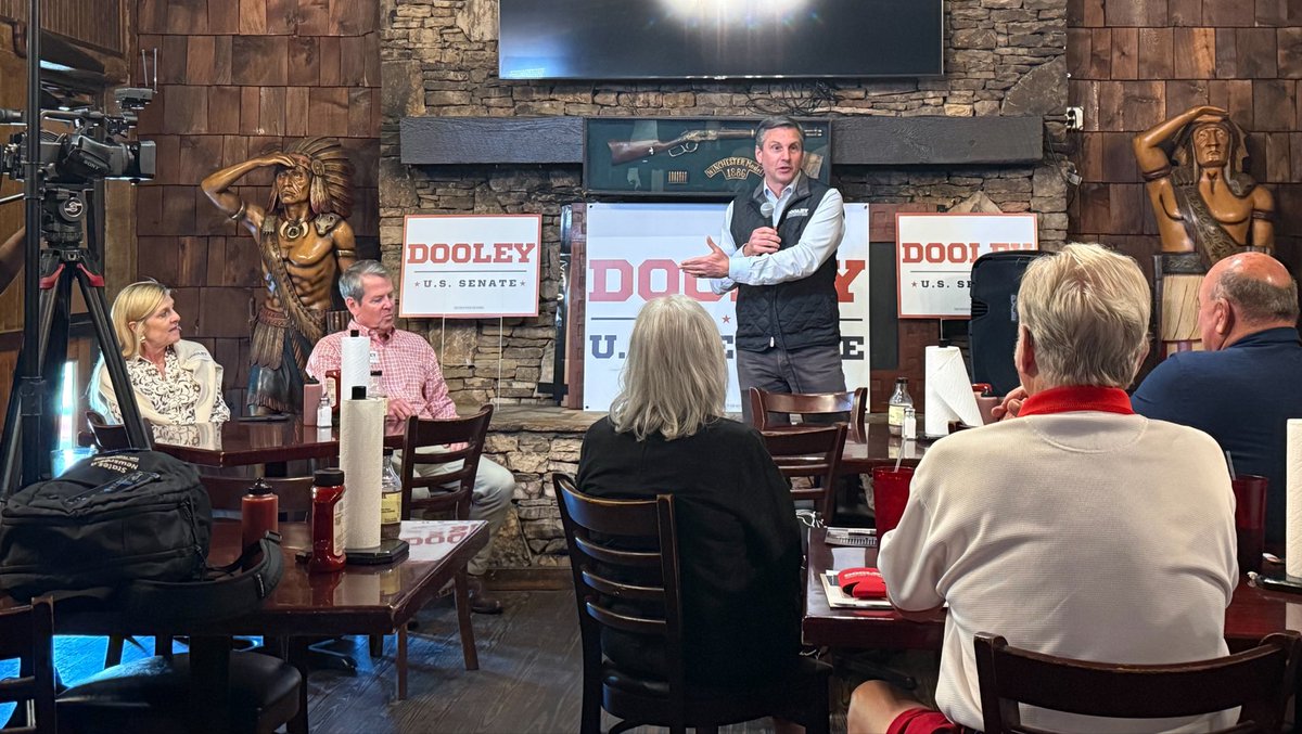 bluestein's tweet image. At a BBQ joint in Canton today, Gov. Kemp and Senate candidate Derek Dooley brought their buddy-buddy act to the trail again. With no runaway favorite, Kemp is trying to push Dooley over the May 19 finish line in a three-way GOP race to face Jon Ossoff. #gapol