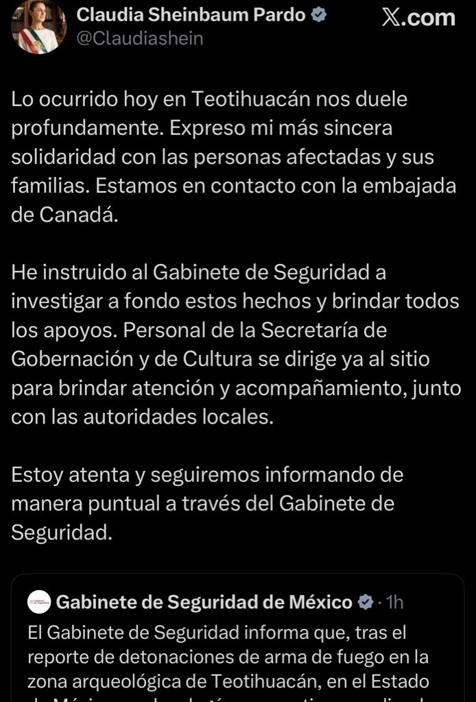 Como la víctima es extranjera, y estamos a mes y medio del mundial, en chinga sale la narcopresidente a tratar de fingir que trabajan, cuando la realidad es que este país es un mugrero de violencia y corrupción, y no está preparado para un evento de esta talla.