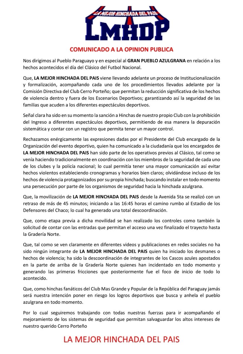 AHORA

Comunicado de la barra La Mejor Hinchada del País, tras lo sucedido en el sector norte del Defensores durante el clásico. 

#HayFutbolpy