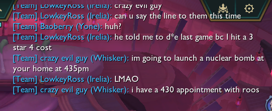 I was playing TFT today and I had this guy for back to back matches

In the first screenshot you can see he was very happy I hit Corki 3

In the second screenshot he was showing his excitement towards someone who hit Galio 3

Safe to say he’s enjoying the 3-star 4 cost meta 😭