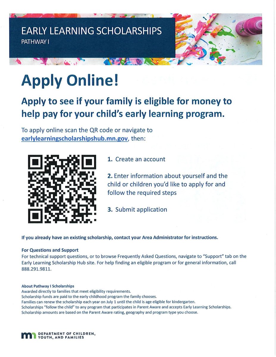 cdcmorrisonmn's tweet image. 📚 Families may qualify for #EarlyLearningScholarships to help pay for #EarlyChildhoodPrograms.

Submit your info through the Early Learning Scholarship Hub.

For questions or help finding an eligible program, call 888‑291‑9811.
dcyf.mn.gov/programs-direc…
#MorrisonCounty