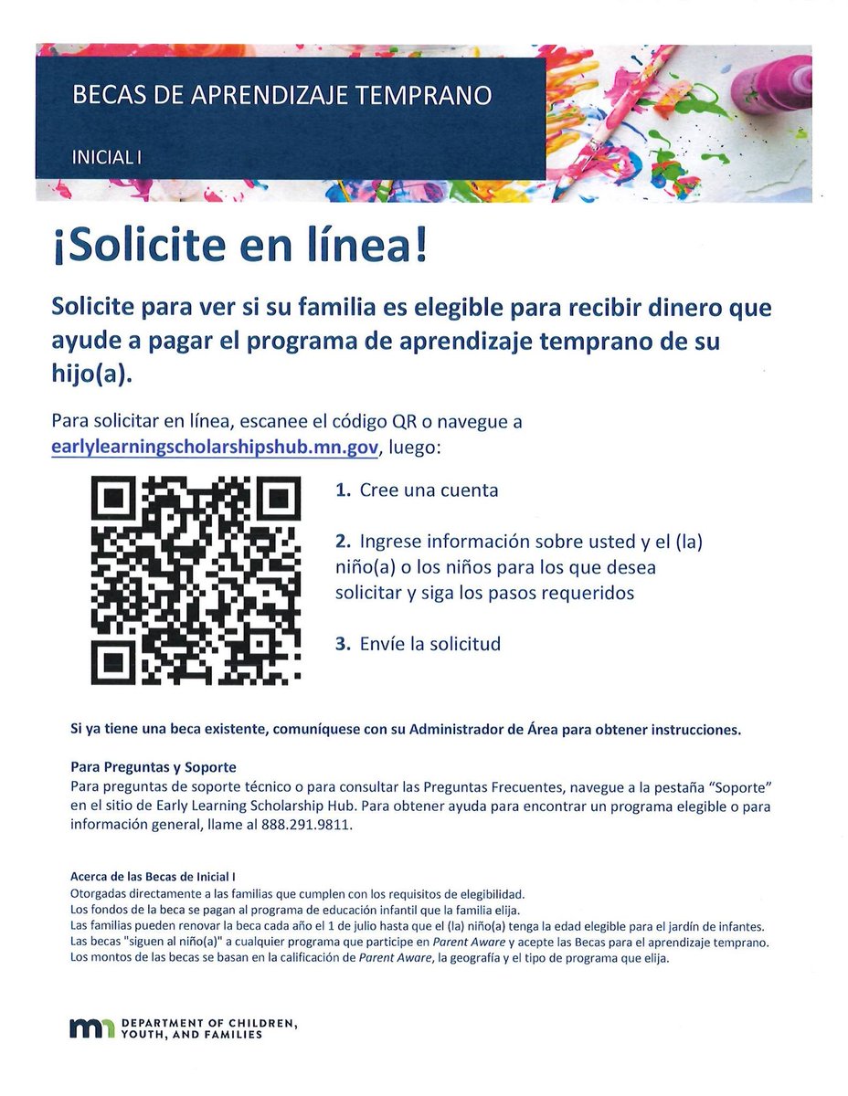 cdcmorrisonmn's tweet image. 📚 Families may qualify for #EarlyLearningScholarships to help pay for #EarlyChildhoodPrograms.

Submit your info through the Early Learning Scholarship Hub.

For questions or help finding an eligible program, call 888‑291‑9811.
dcyf.mn.gov/programs-direc…
#MorrisonCounty