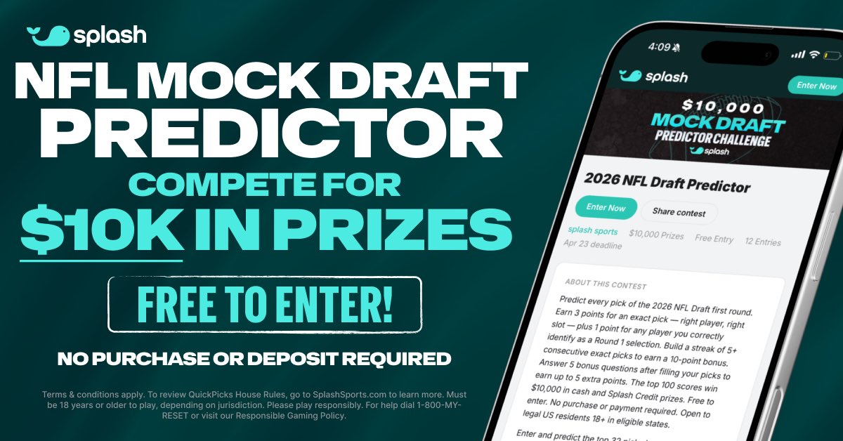 splashsports's tweet photo. Predict all 32 first-round picks. Win your share of $10,000. 🔮

Our FREE NFL Mock Draft Predictor Challenge is live on Splash. Top 100 finishers cash in. 💸

No entry fee. Just your picks vs. everyone else

Join for FREE now → https://t.co/vDpSml9nAI https://t.co/b4n3sSjgg6