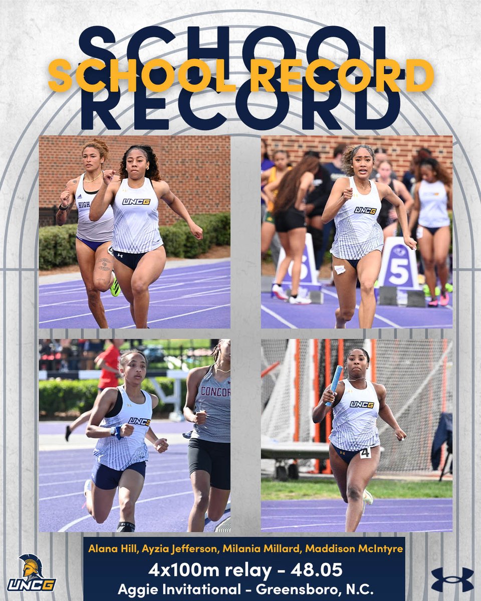 UNCGXC's tweet photo. Spartans have had multiple school records this season so far ➡️ let's take a look back ⏱️

The 4x100m women's relay broke the record from 2017 this weekend with their time of 48.05! Congratulations to Alana Hill, Ayzia Jefferson, Milania Millard &amp; Maddison McIntyre! 🏃‍♀️

#letsgoG https://t.co/iYNyVLsJXq