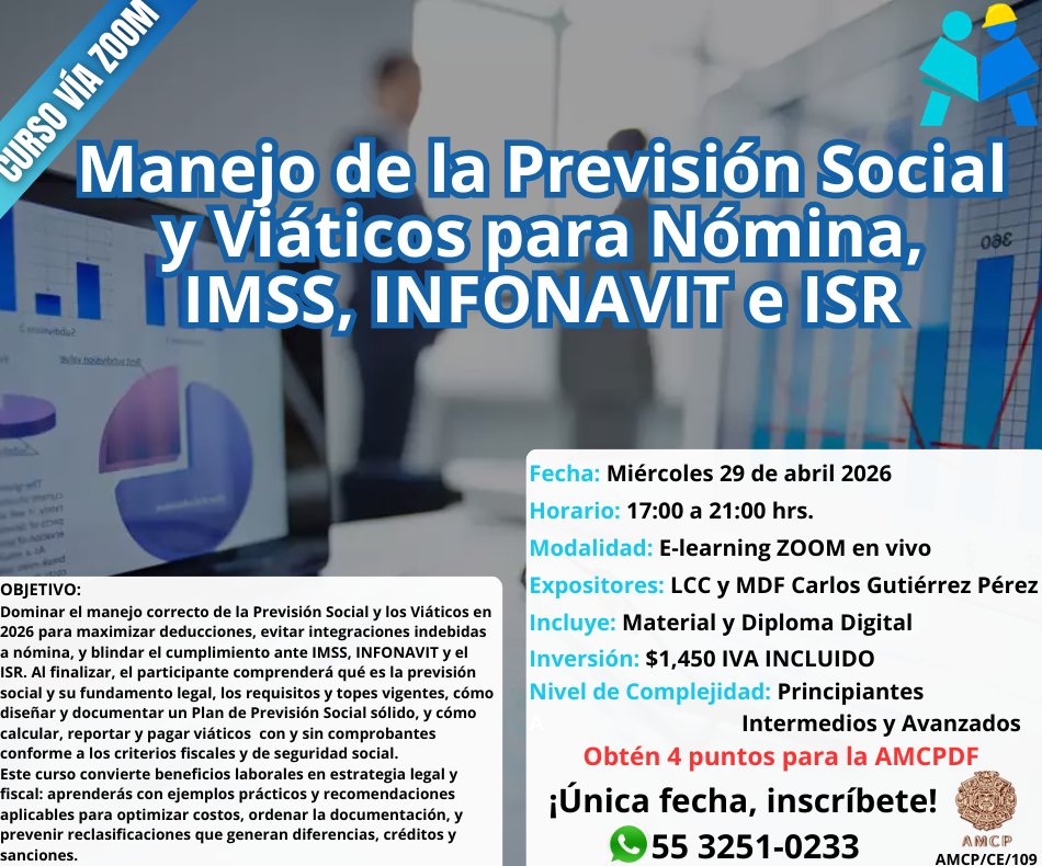 GMcapacitacion1's tweet image. 📢No te pierdas este curso y evita integraciones   indebidas a nómina 🚨
Aprende a manejar viáticos y previsión social correctamente y sin riesgos fiscales.
📅 29 de abril | Cupo limitado
📲 Inscríbete: wa.link/tabzj9
#Fiscal #Nóminas #IMSS #Contabilidad #auditores