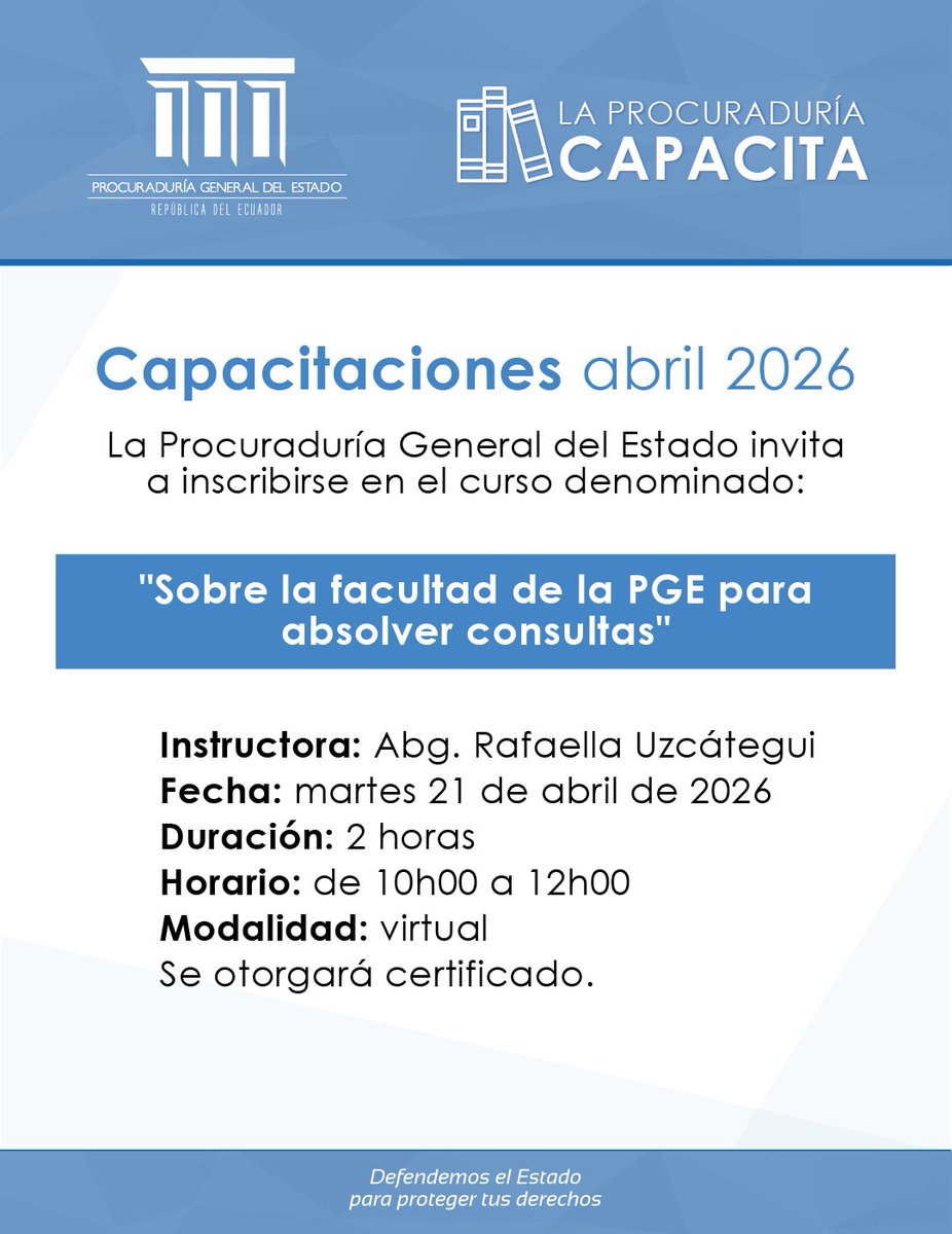 #LaProcuraduríaCapacita | #Mañana La <a href="/PGEcuador/">Procuraduría Ecuador</a> invita a la comunidad jurídica y a la ciudadanía en general a una nueva capacitación virtual.

✅📝 Inscríbete aquí ➡️ forms.office.com/r/NKt7T3NN1y?o…