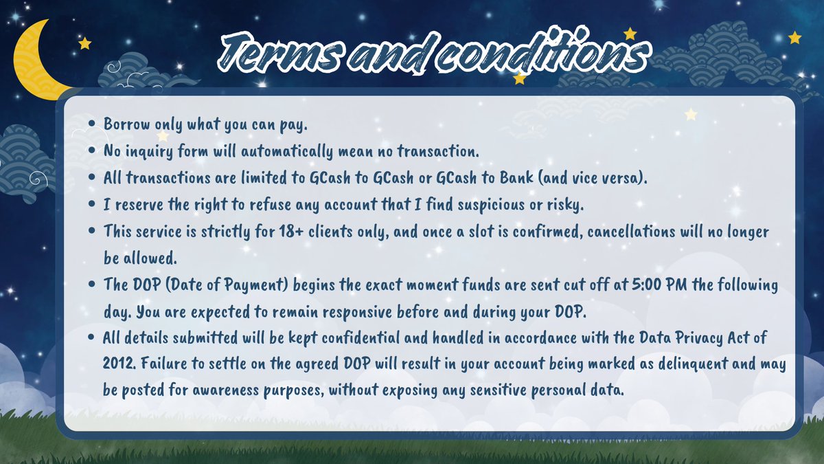 Nytelends's tweet photo. -🌙˚₊‧ Welcome to Nyte Lends ‧₊˚🌙

— Please refer to the photos for rates, terms &amp; conditions, and requirements ✨

For feedback: #thanksnyte 🌌 https://t.co/ZTS0rJSTJS