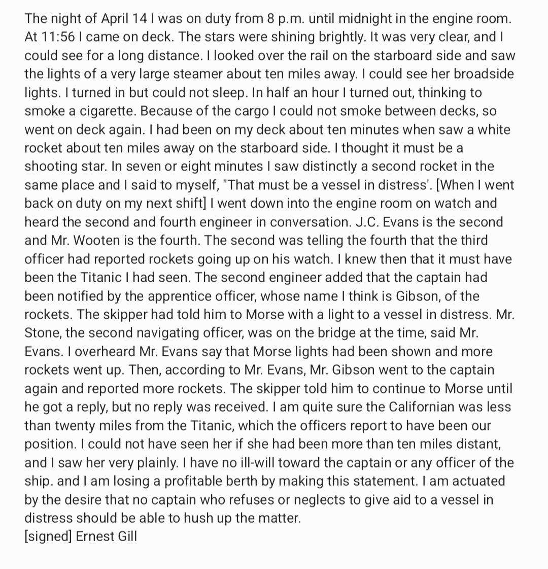 MeriaRmsTitanic's tweet image. Testimony of Ernest Gill, a crew member aboard the Californian, describing what he witnessed from the ship during the sinking of the #Titanic.
📖: Voices from the Carpathia by George Behe
#Titanic114 #Titanic2026