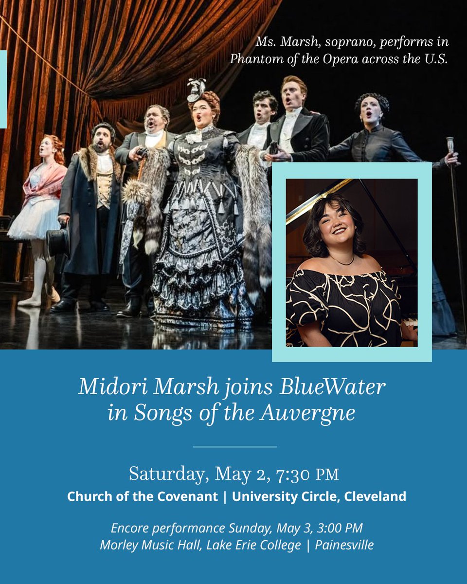 BlueWaterOrch's tweet photo. Soprano Ms. Marsh joins us May 2 in Canteloube’s gorgeously lush "Songs of the Auvergne." Currently winning rave reviews across the country as prima donna Carlotta in the North American Tour of Phantom of the Opera...“her operatic voice is just stunning.” https://t.co/9sLOCexRoc https://t.co/NU0tPYNkGM
