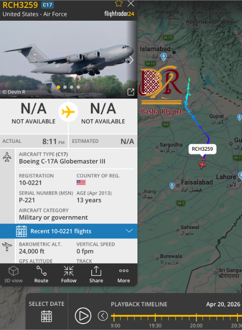 BashaReport's tweet photo. 4th @usairforce tracked in Pakistan
A C-17's RCH3259 https://t.co/xLG2peAhCY
